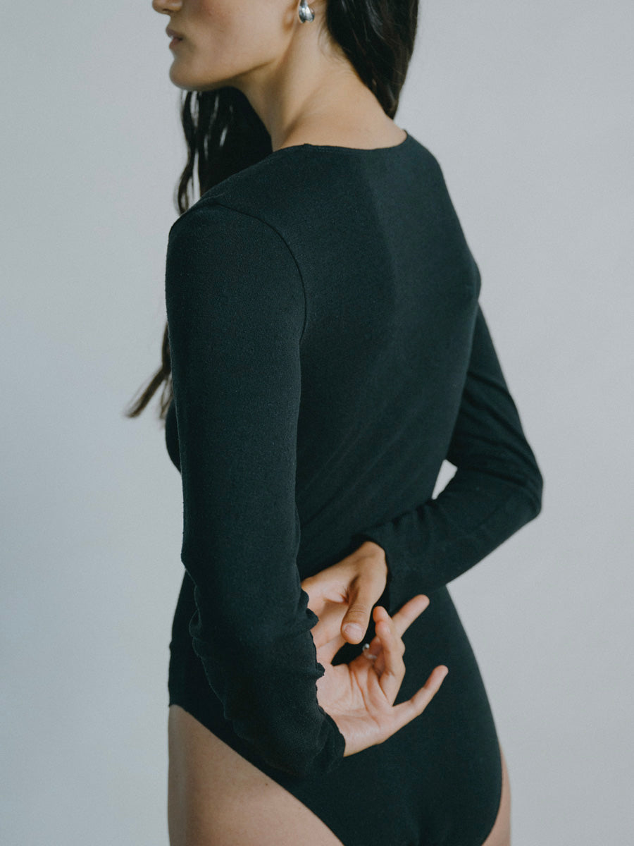 Naomi Bodysuit, Regen Silk Noil Jersey, Black
